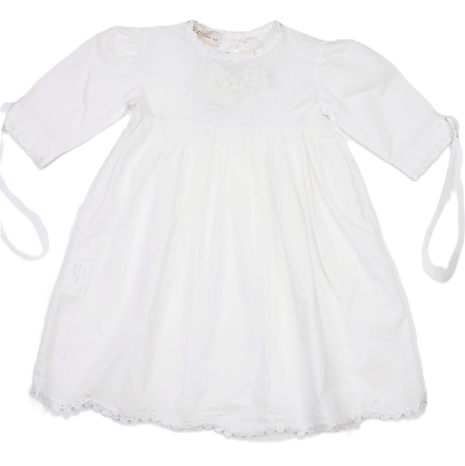White Floral Shadow-Embroidered Long Sleeve Dress