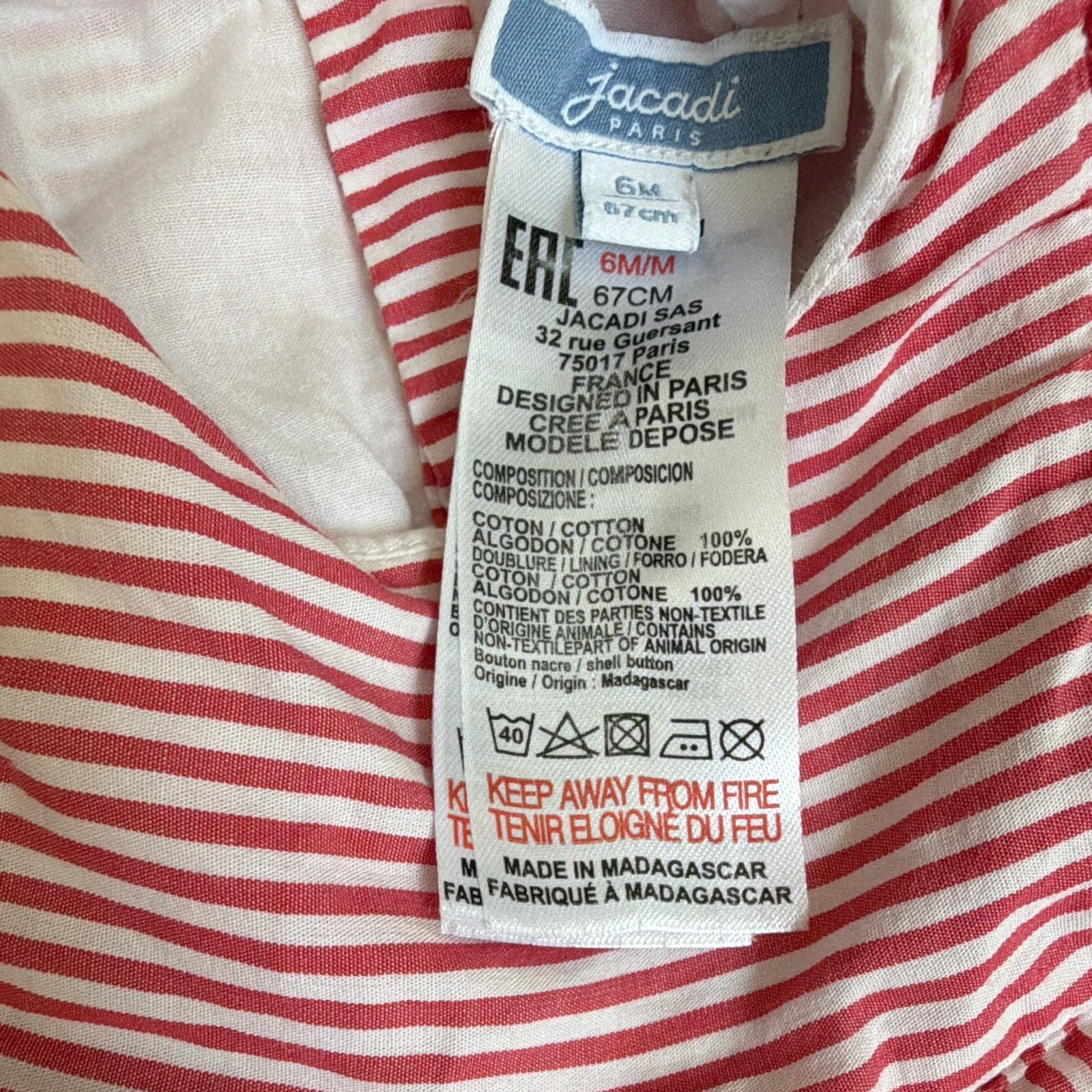 Jacadi Paris Girls 6M Coral/White Striped Sleeveless Ruffle Baby Dress & Bloomer