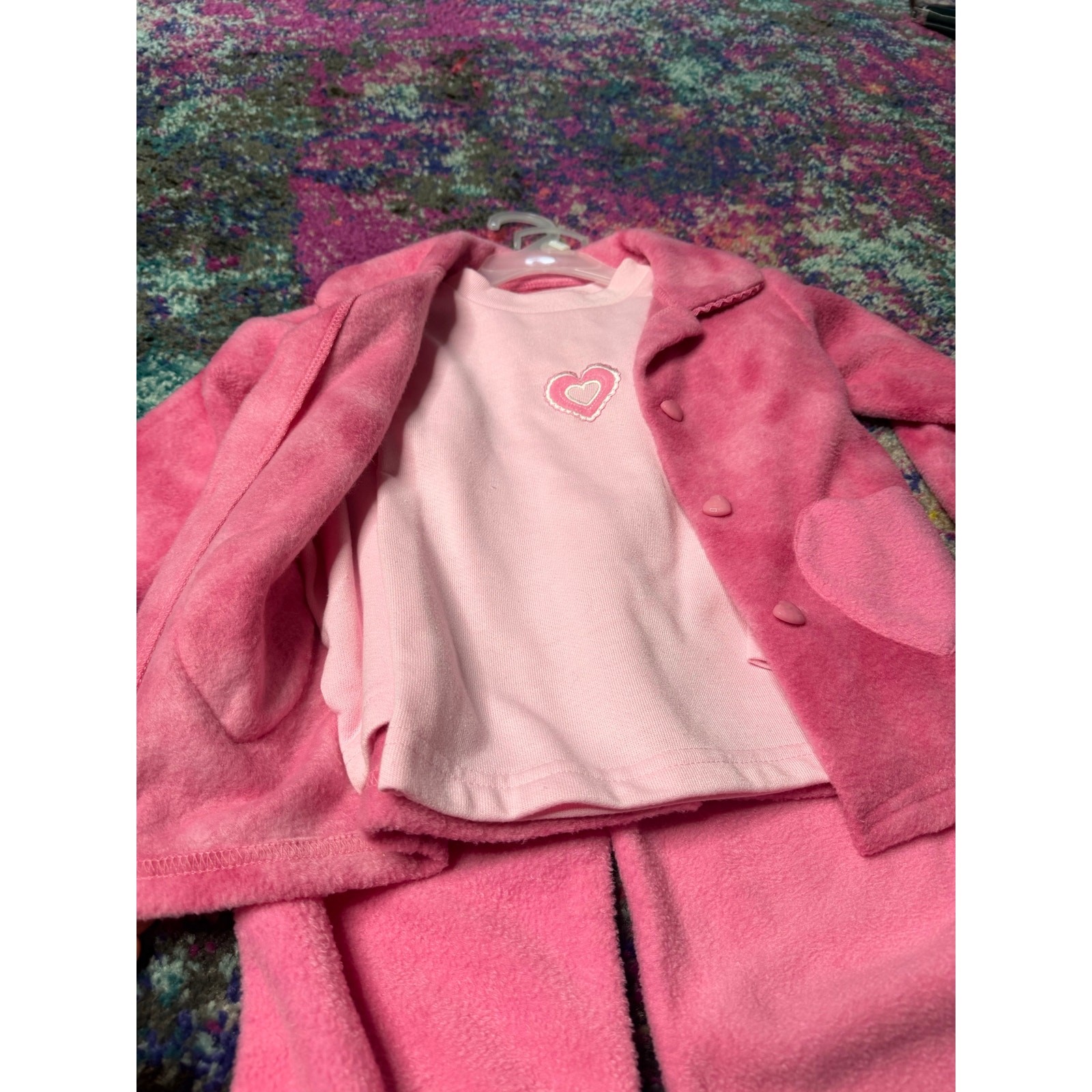 Y2K vintage pink 3 pc fuzzy 3T sweater jacket, under shirt, fleece pants New