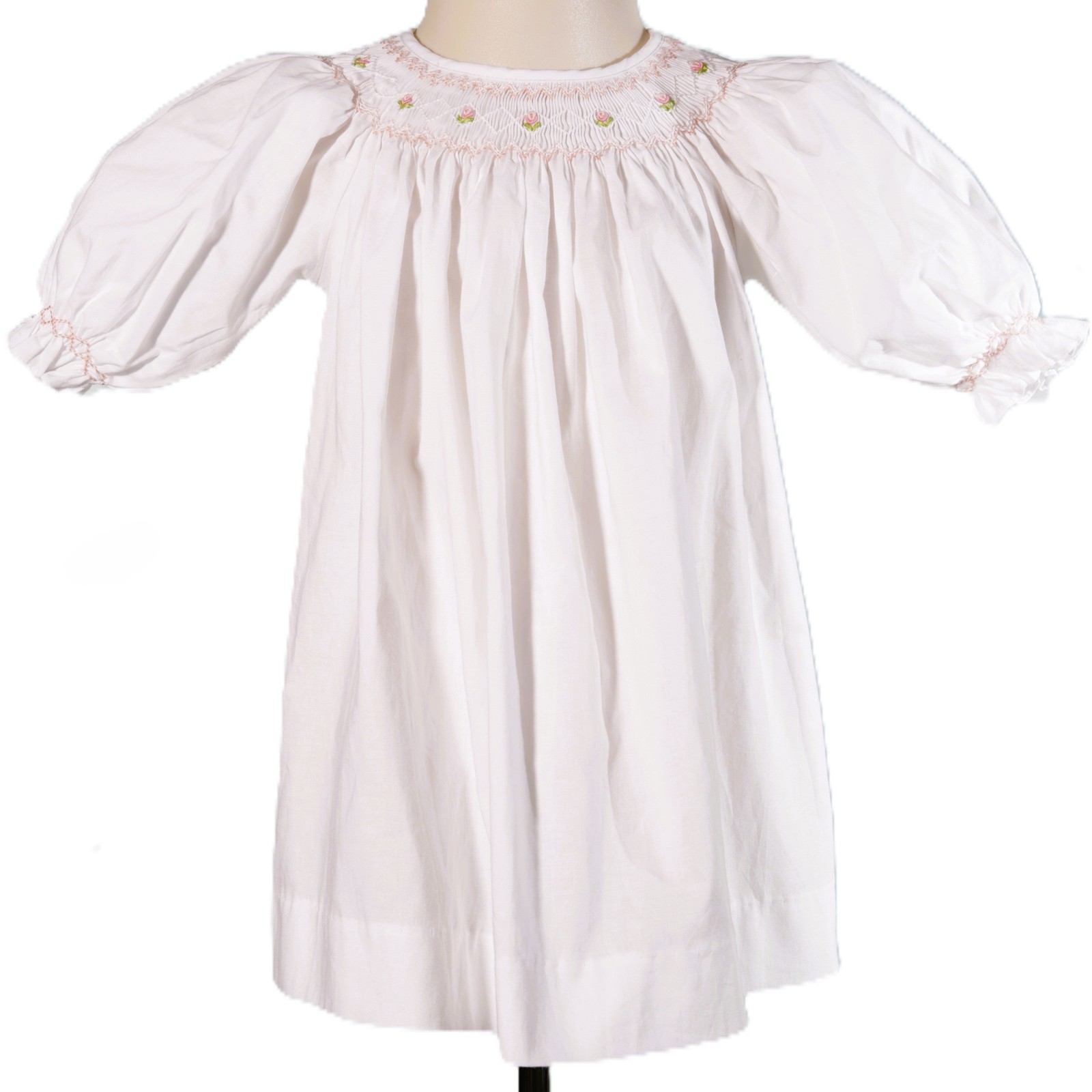 White Geometric Smocked With Pink Flowers Long Sleeve Bishop Dress