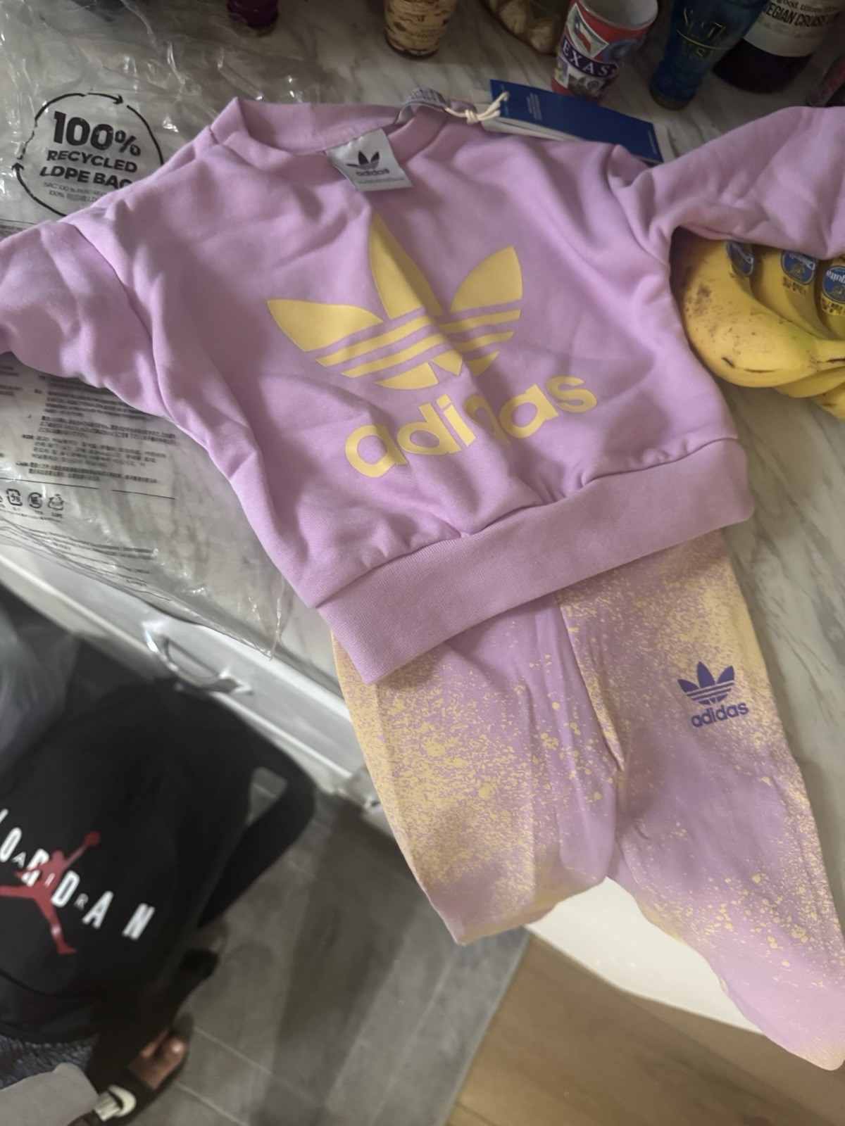 adidas Originals 2-Piece Fleece Logo Sweatshirt Pants Set 3-6M Purple/Yellow