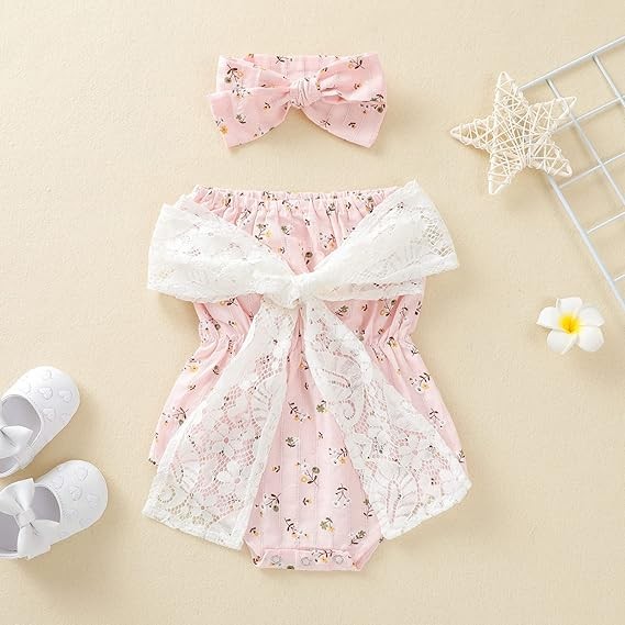 Newborn Infant Girl Floral Off Shoulder Romper Lace Jumpsuit Headband Outfit Set