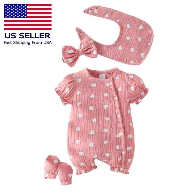 Baby Girls 4pcs Set Round Cotton Soft Heart Printing Daily Wear Cute Bodysuit