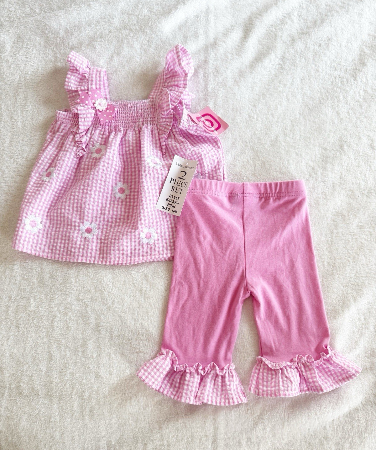Rare Editions Girls 18M 2pc Pink Gingham Seersucker Floral Ruffle Top Pants Set