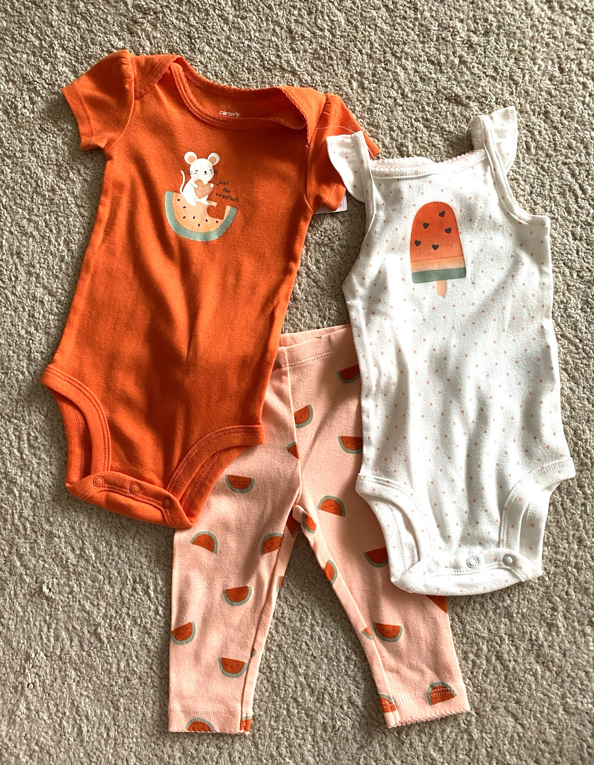 Carters Baby Girls 3 Piece Outfit Bodysuits 1 Watermelon Pants Size 6 Months New