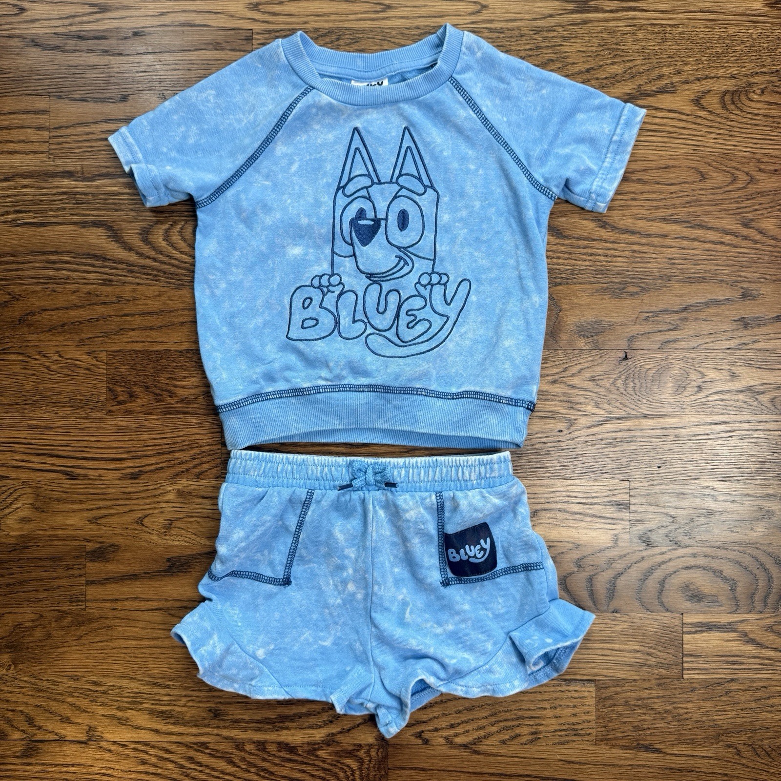 Bluey Girls Embroidered Graphic Top and Ruffle Short Set MineralWash Finish 4T