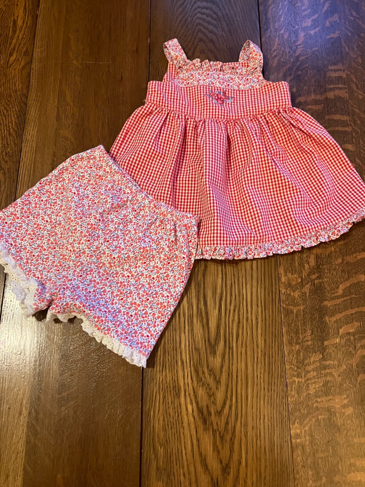 Vtg Gymboree Country Picnic gingham dress top ruffle eyelet shorts 6-12 12-18