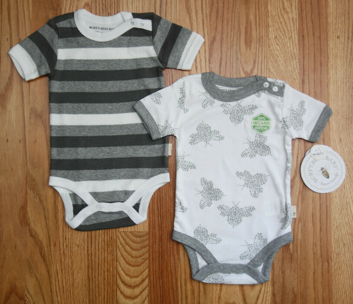 Burt’s Bees Baby Boy 2 Piece Bodysuit Set ~ Gray & White ~ Bees ~ Stripes