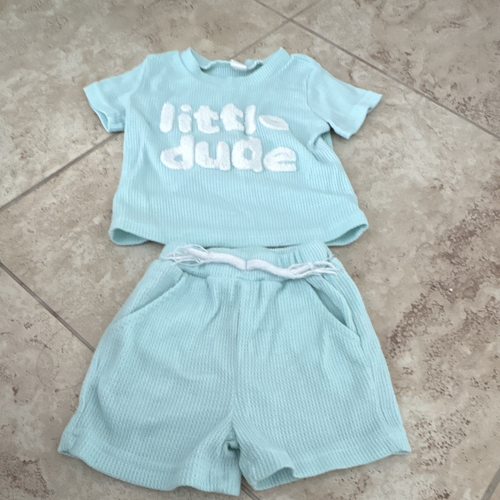 Boys Blue 2pc Knit Shorts Set “Little Dude” Tee & Shorts Size 70 Drawstring