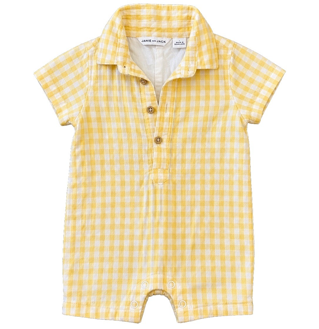 Janie and Jack 0-3M Yellow Gingham Romper Baby Boy One Piece Outfit