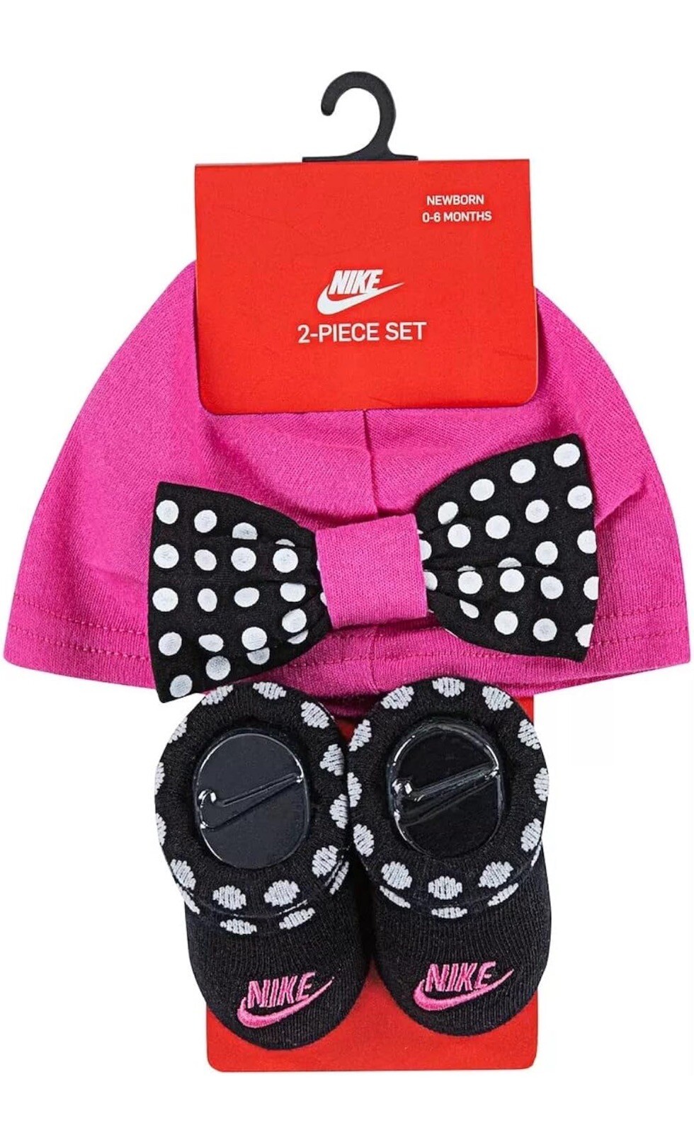 Nike 2-Piece Hat Booties Set Newborn 0-6 Months Pink Bow Black White Polka Dots