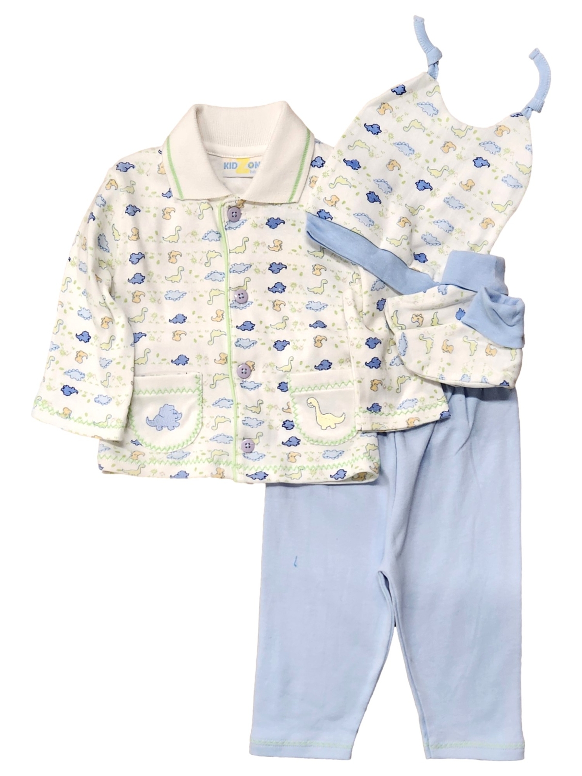 Infant Boys White & Blue 4pc Dinosaur Jacket, Booties, Hat & Pants Set