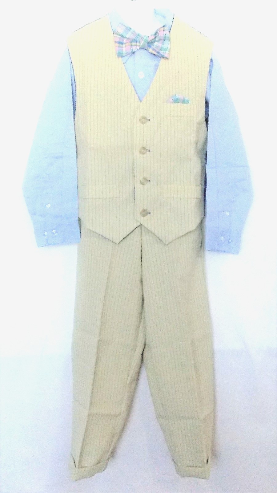 Hudson Ferrell 4 Pc Vest Set Boys Sz 8 Special Occasion Tan Blue Pinstripe