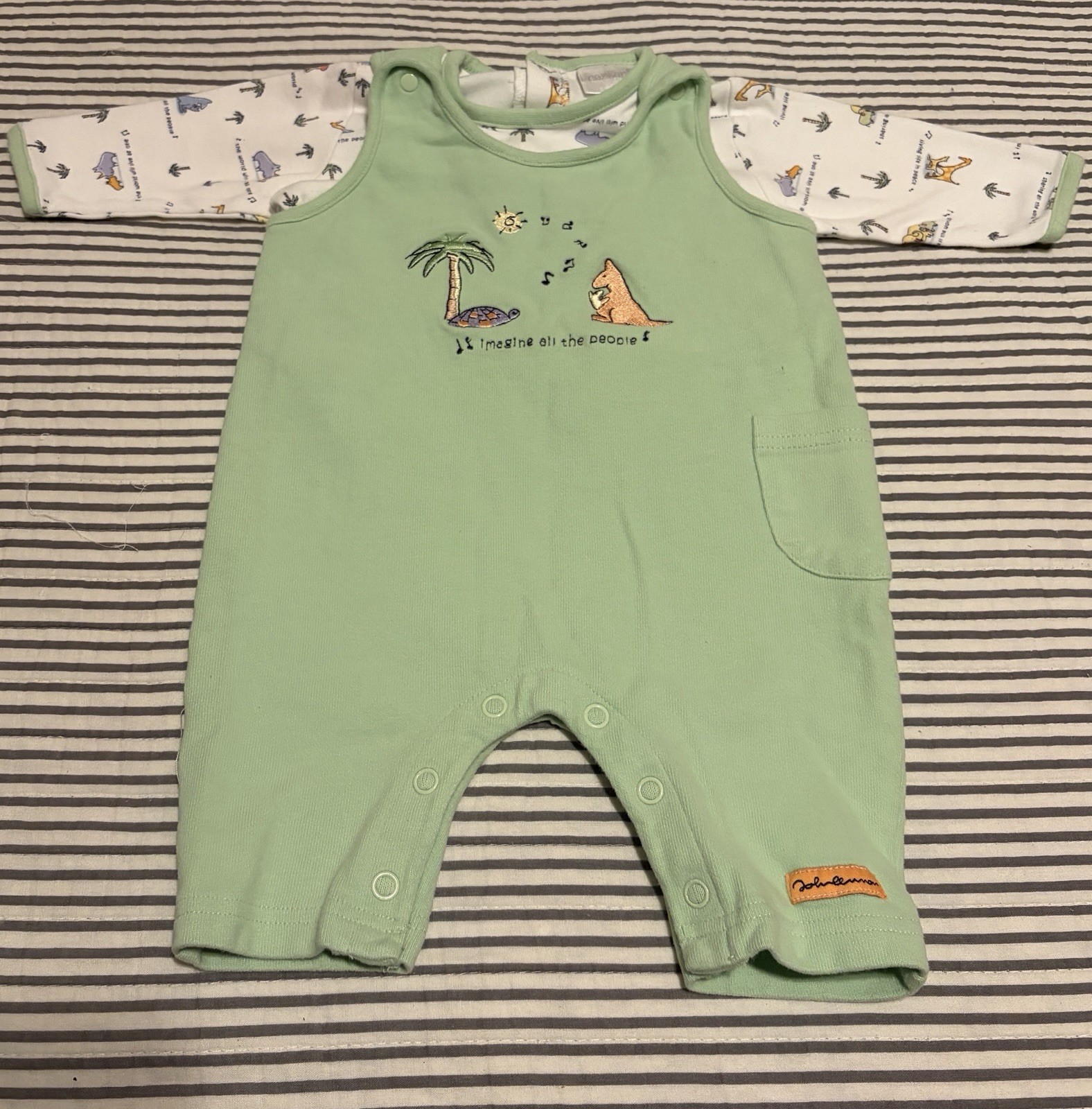 VTG Carter’s John Lennon Real Love 2 Piece Set Green Overall Romper 0-3 Months