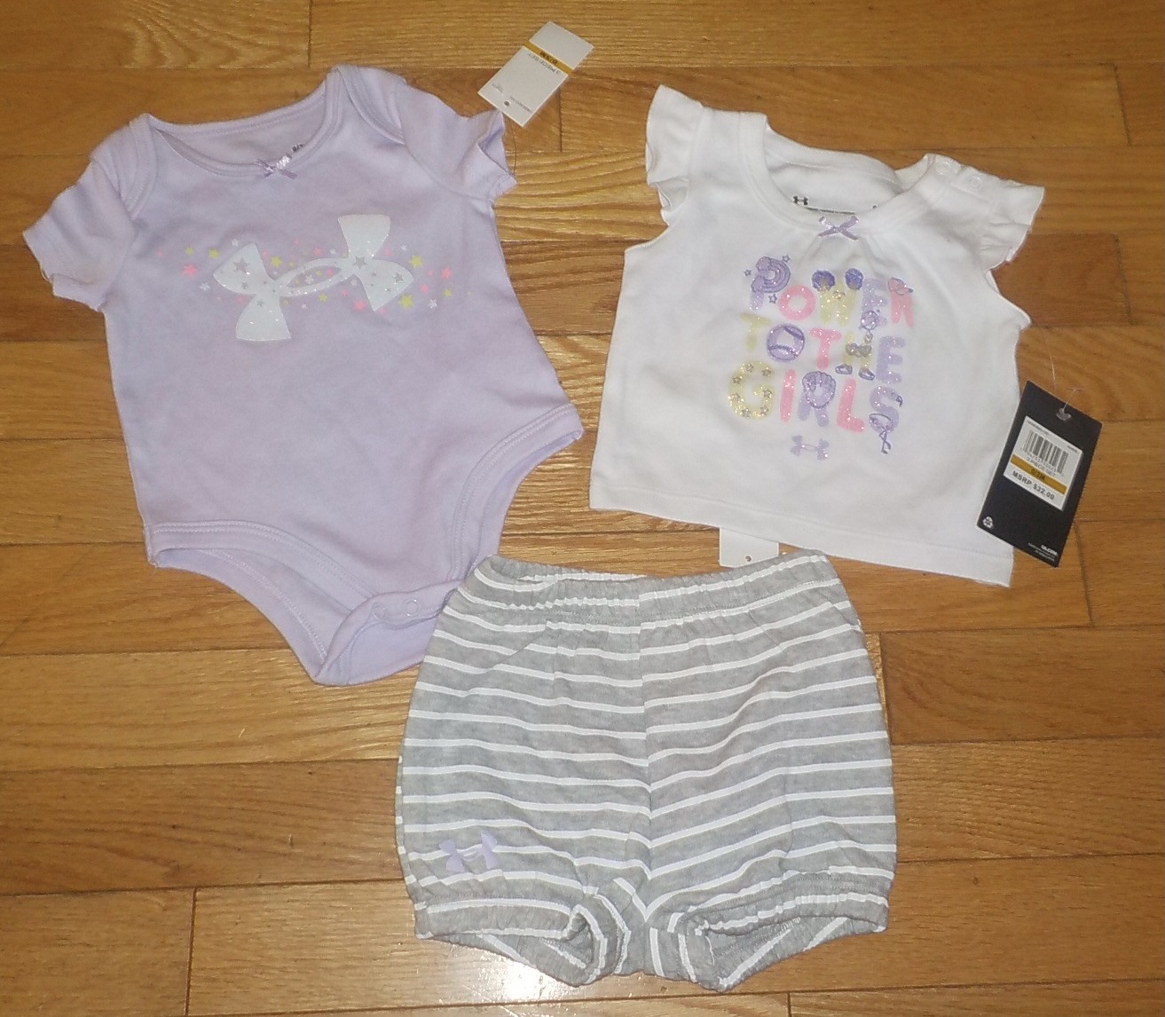Under Armour Baby Girls 3 Piece Outfit Set Shorts Tee Bodysuit Purple 24 Months
