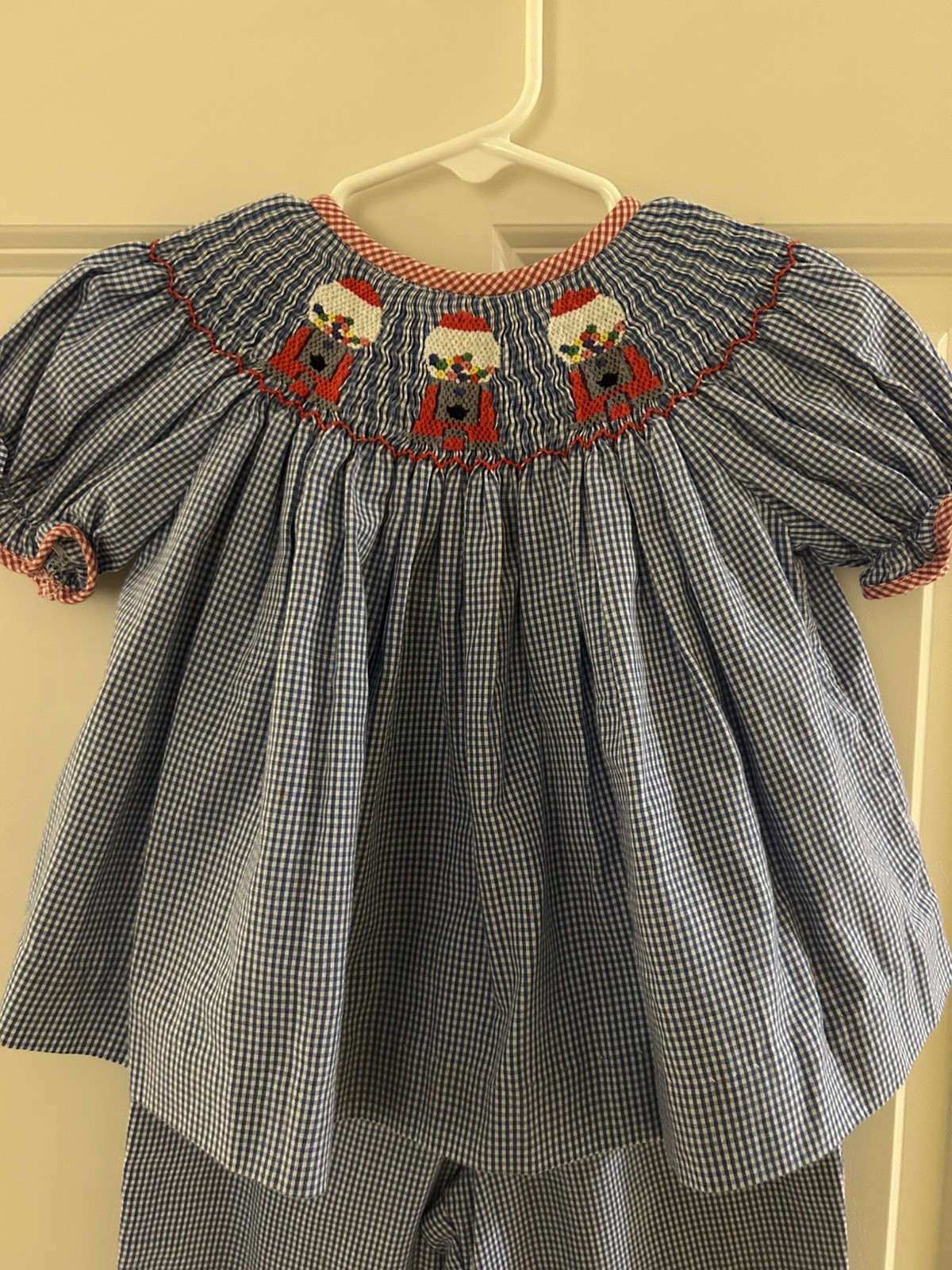 Sz 24 Month Smock A Dot Toddler Outfit Top Ruffle Pants Blue/White gingham EUC