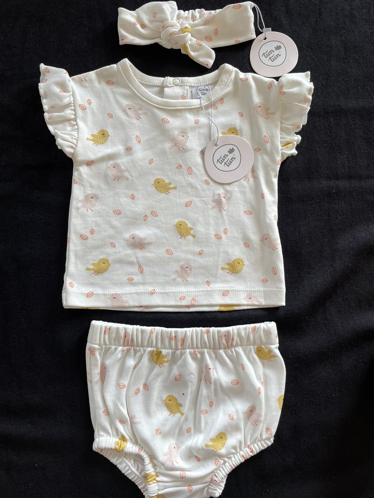 Tun Tun (Peru) NWT Ivory/Blush Birds Pima Cotton Top, Bloomers & Headband-3-6Mos