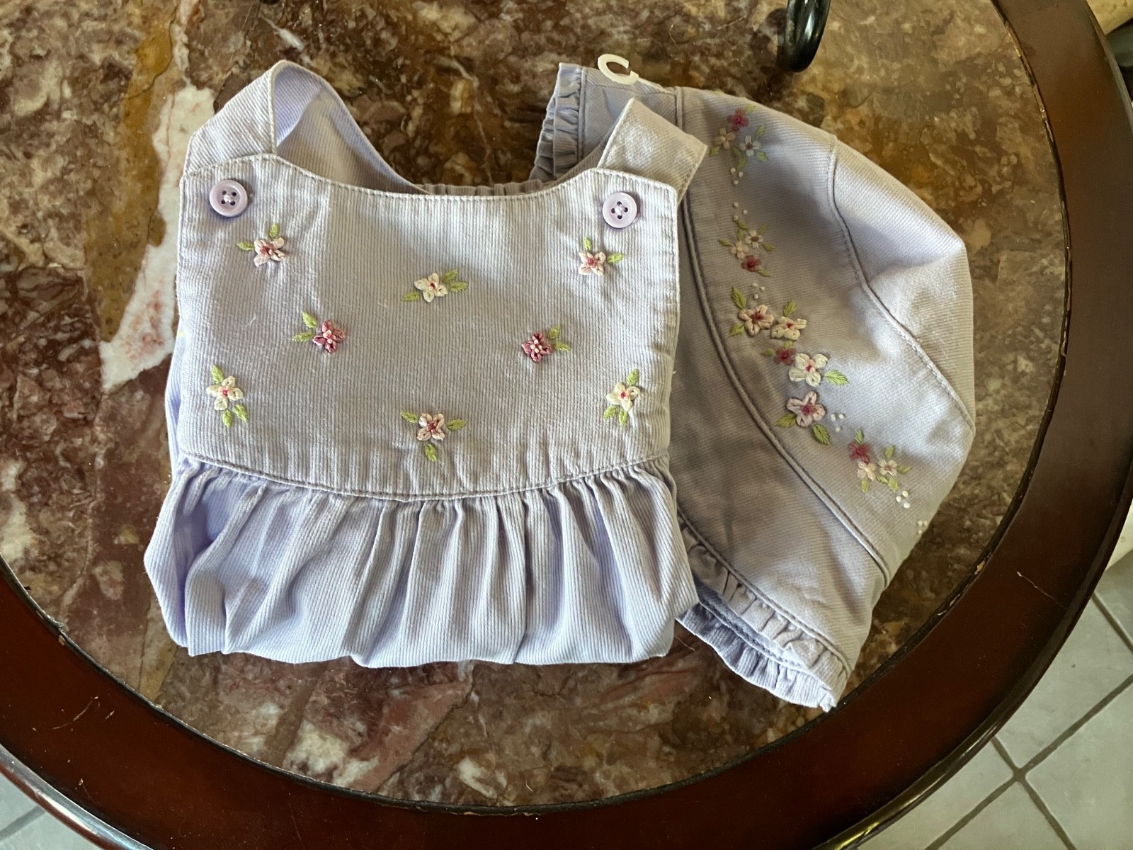 Vtg Gymboree 02 Flower Baby dress w grow sides hat ribbon flowers lavender 3-6