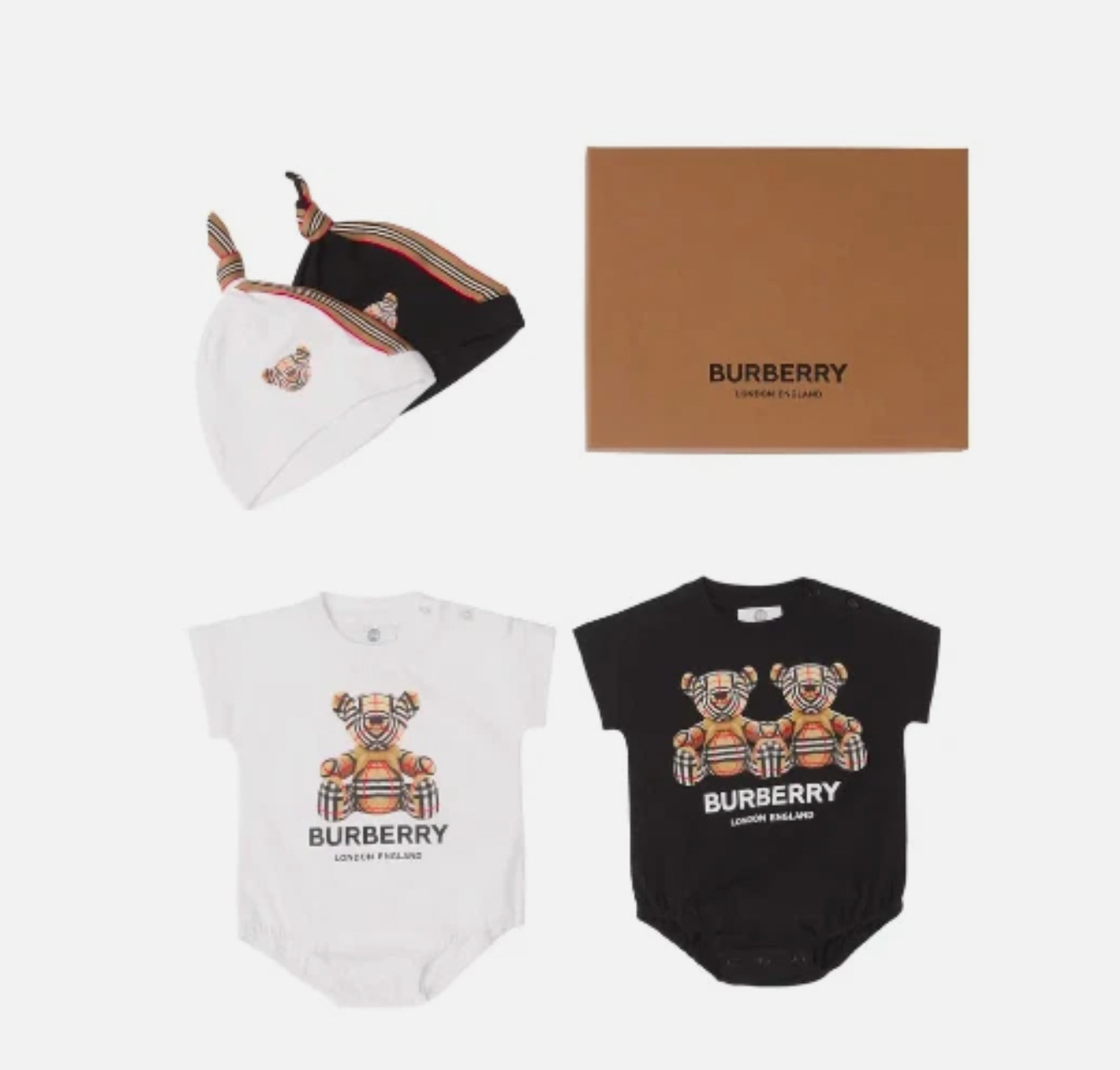 Burberry Unisex Baby Thomas Bear Motif Romper Beanie Set, White Black 18 Mth NIB
