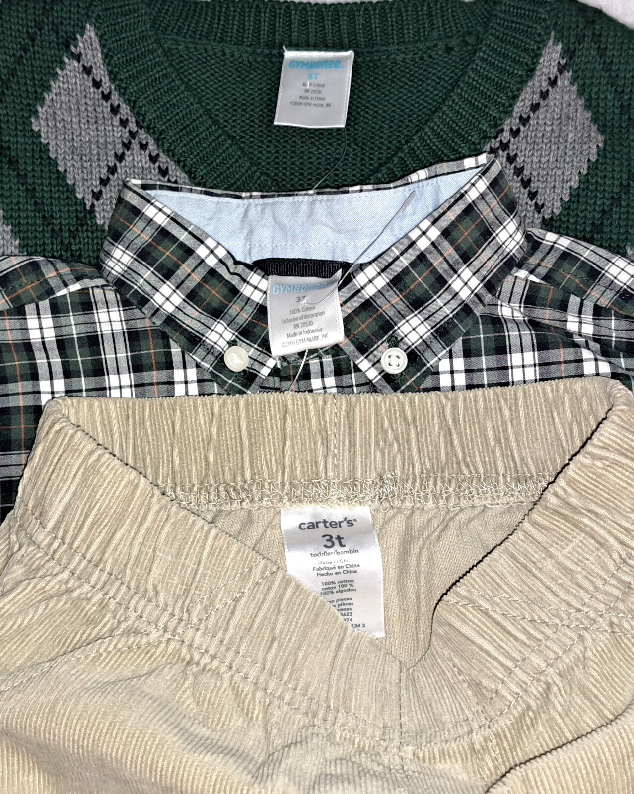 Boys GYMBOREE sweater vest plaid shirt CARTER’S pants 3T green khaki outfit