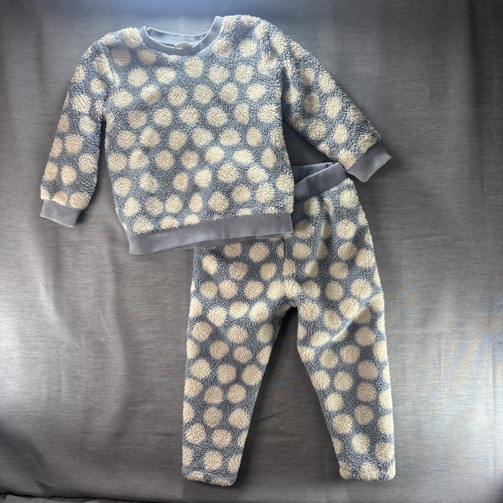 Hanna Andersson 3T Blue White/Cream Polka Dot Fleece 2pc Outfit Set Pants Fuzzy