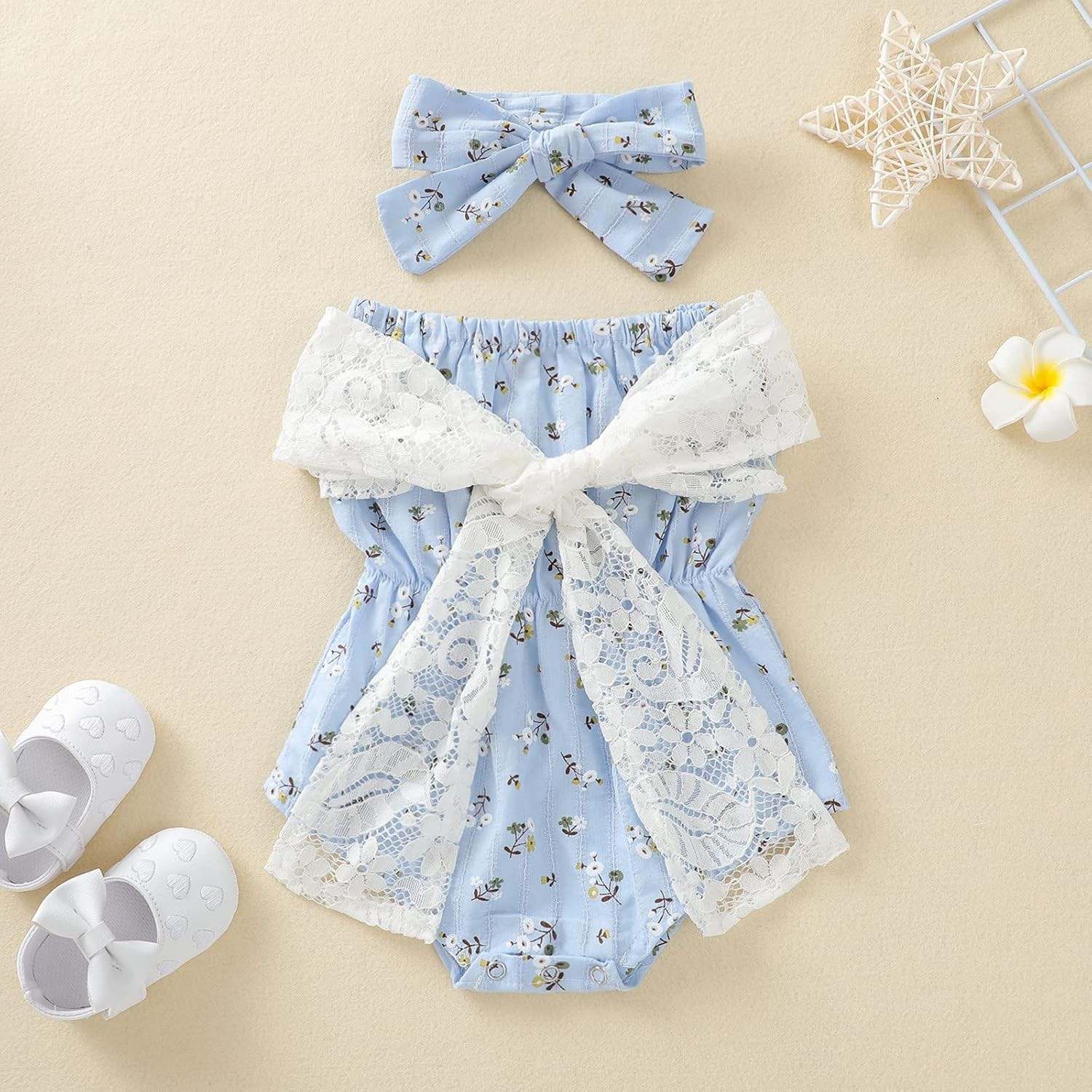 Newborn Infant Girl Floral Off Shoulder Romper Lace Jumpsuit Headband Outfit Set