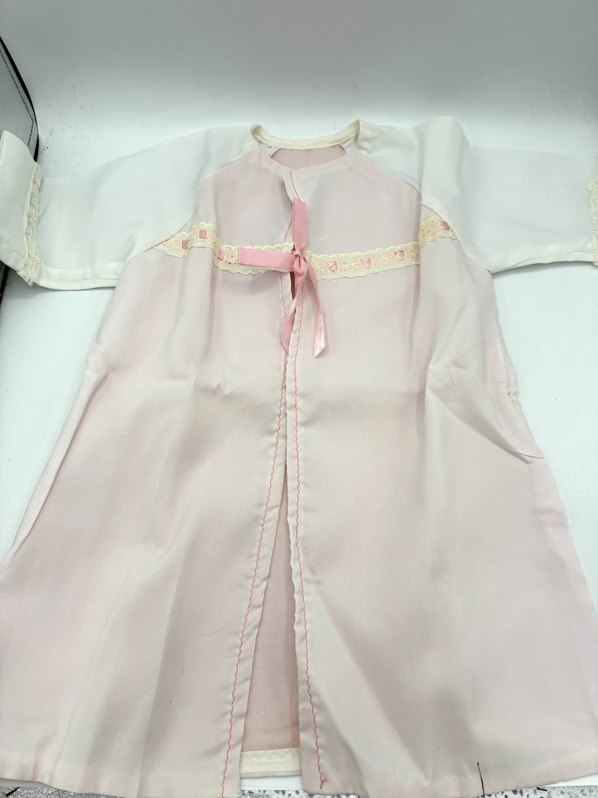 Vintage Baby Daygown & Quilted Bonnet Set Pink Ribbon Lace Eyelet Newborn 0-3M