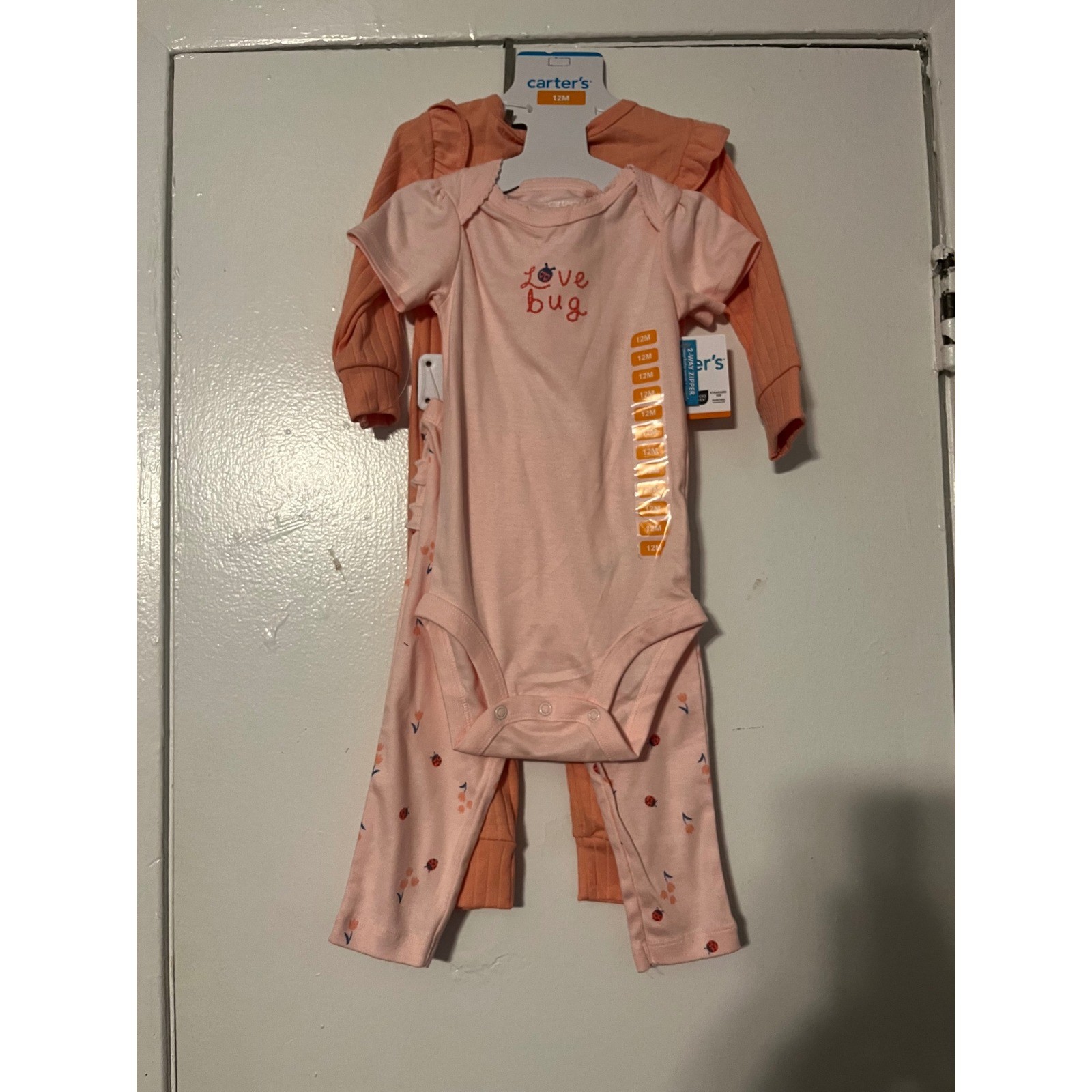 Carters Baby Girls 3-Piece Outfit Set 12M Pink Ladybug Bodysuit Pants Sleep Play