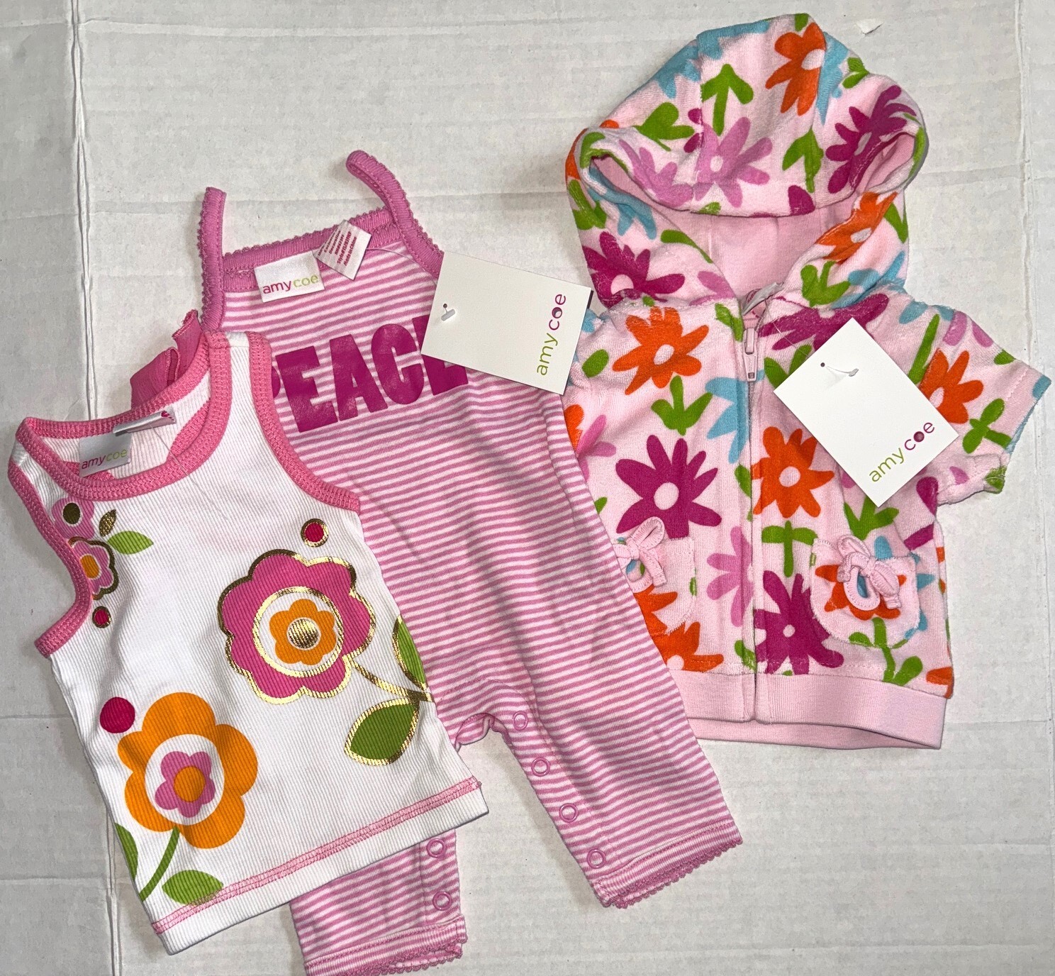 AMY COE 3 piece set pink/white/stripes floral motif size NEWBORN