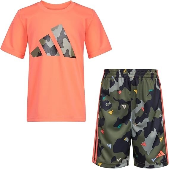 adidas Boys’ Short Sleeve Poly Tee & Camo Short Set, Coral Fusion 2T, New w Tags