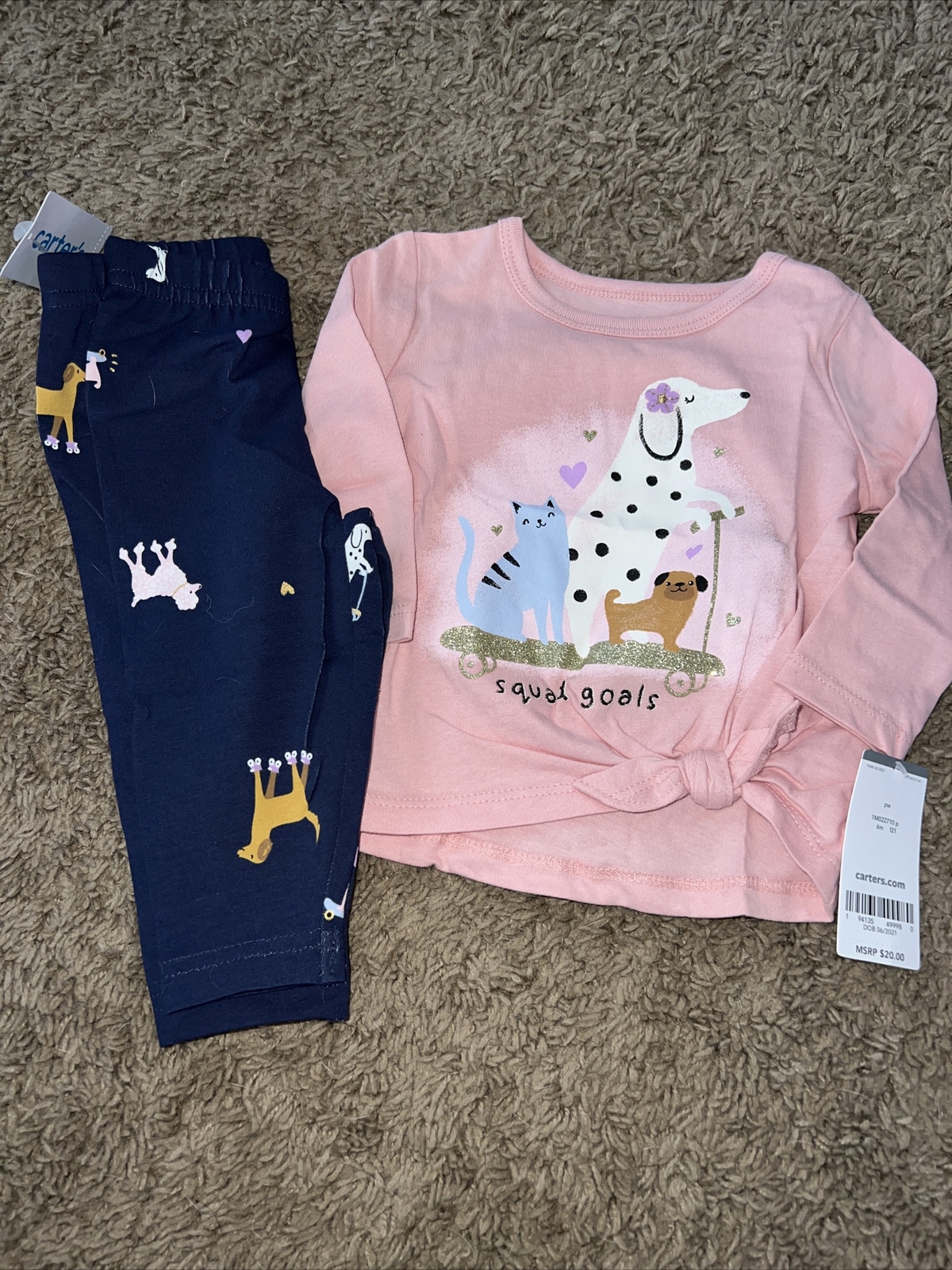 NEW NWT Carters Girls 6 Months Adorable Tie Front Dog Pant Set