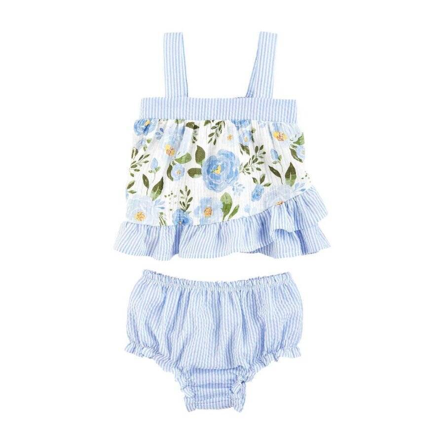 Mud Pie Hydrangea Blue Rose Pinafore & Bloomer Set 0-3M 3-6M 6-9M