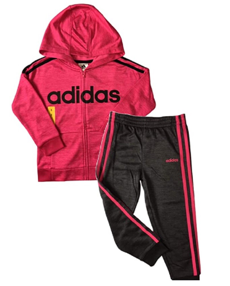 Adidas Girls 2 Piece Tricot Hoodie Jacket and Pants Set Pink/Black