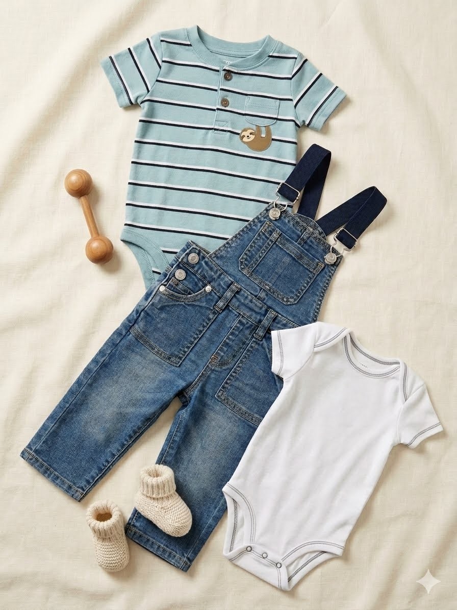 3-Piece Baby Set Denim Overalls + 2 Bodysuits Adjustable Straps Size 12M