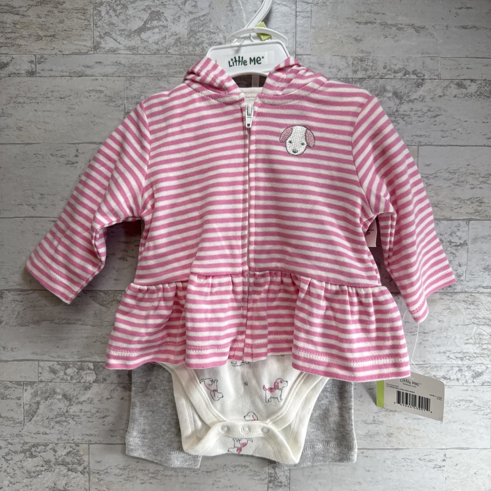 Baby Girl Little Me Hoodie, Bodysuit, Pants Set 3 Months Puppy Outfit Dog Pink