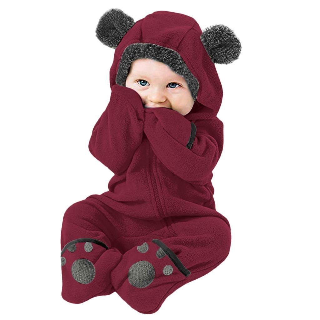 Boys Girls Bear Feet Polar Fleece Hooded Bodysuit Romper Jumpsuit Newborn Baby