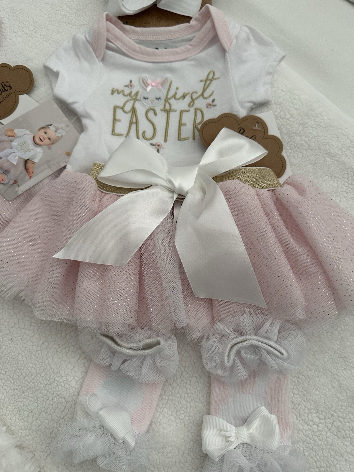 BABY ESSENTIALS 4 piece set peach/white EASTER motif photo prop size NEWBORN