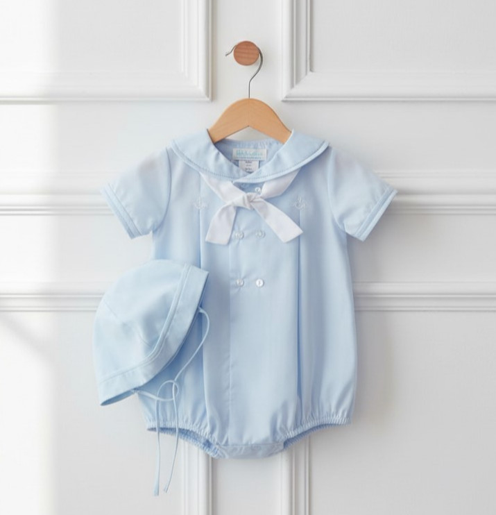 NWT Petit Ami Blue Sailor Collar Knot Romper 3 Months 3M Hat Baby Boys Bubble
