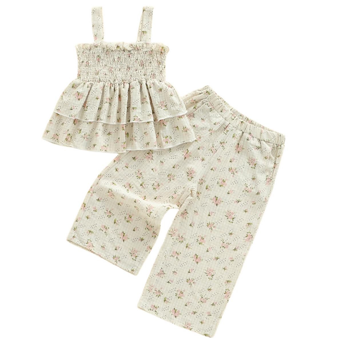 Toddler Little Girl Clothes Sleeveless Smocked Tank Tops and Floral Long Pant…