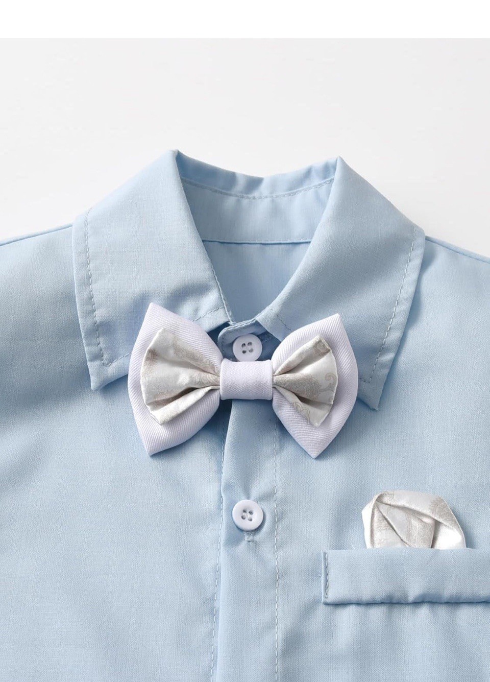 Boys Light Blue Shirt and White Shorts Set with Bow Tie, Formal Party Outfit