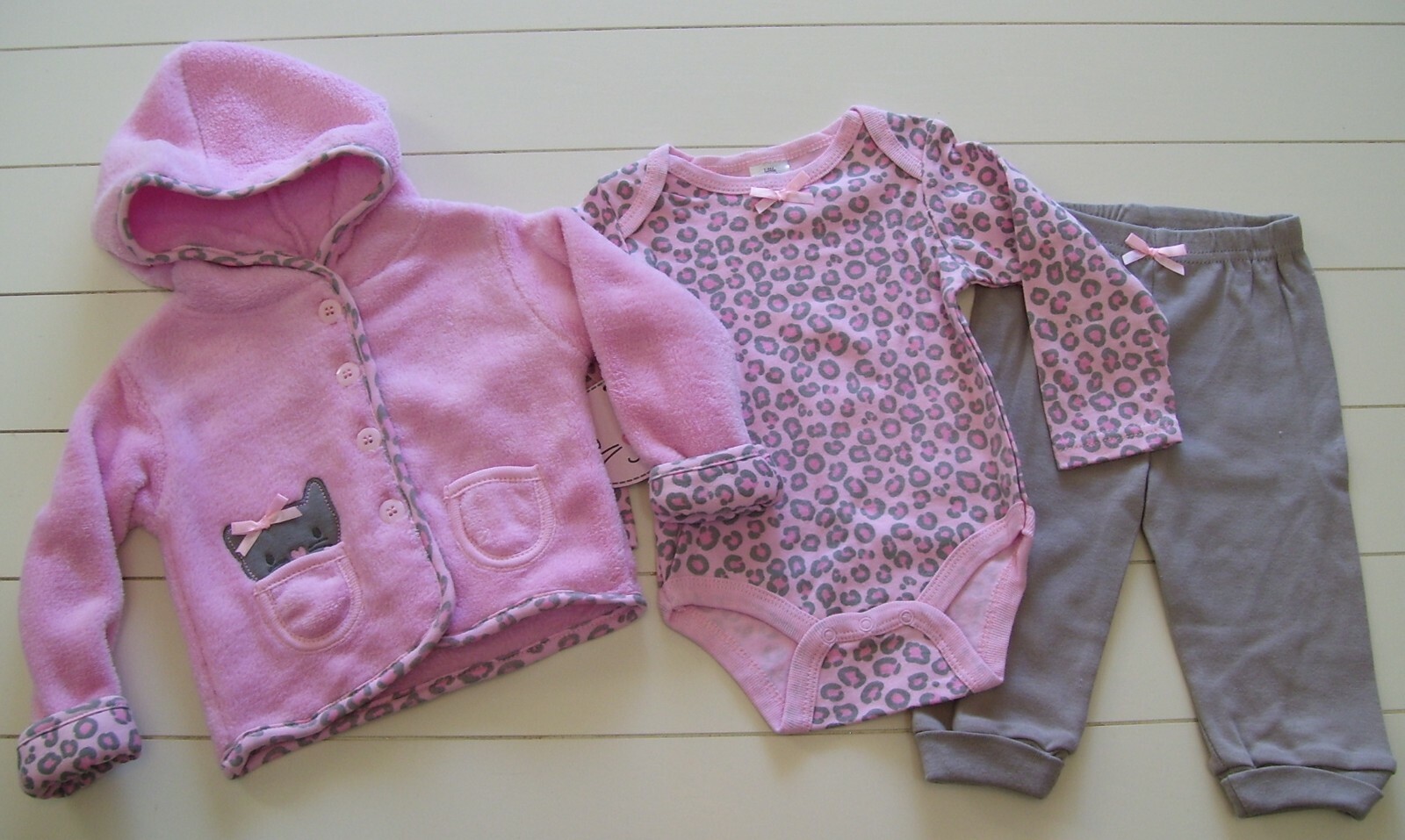 Girls Little Beginnings 3 Pc Pink Leopard Jacket Bodysuit Pants Outfit Sz 6-9M