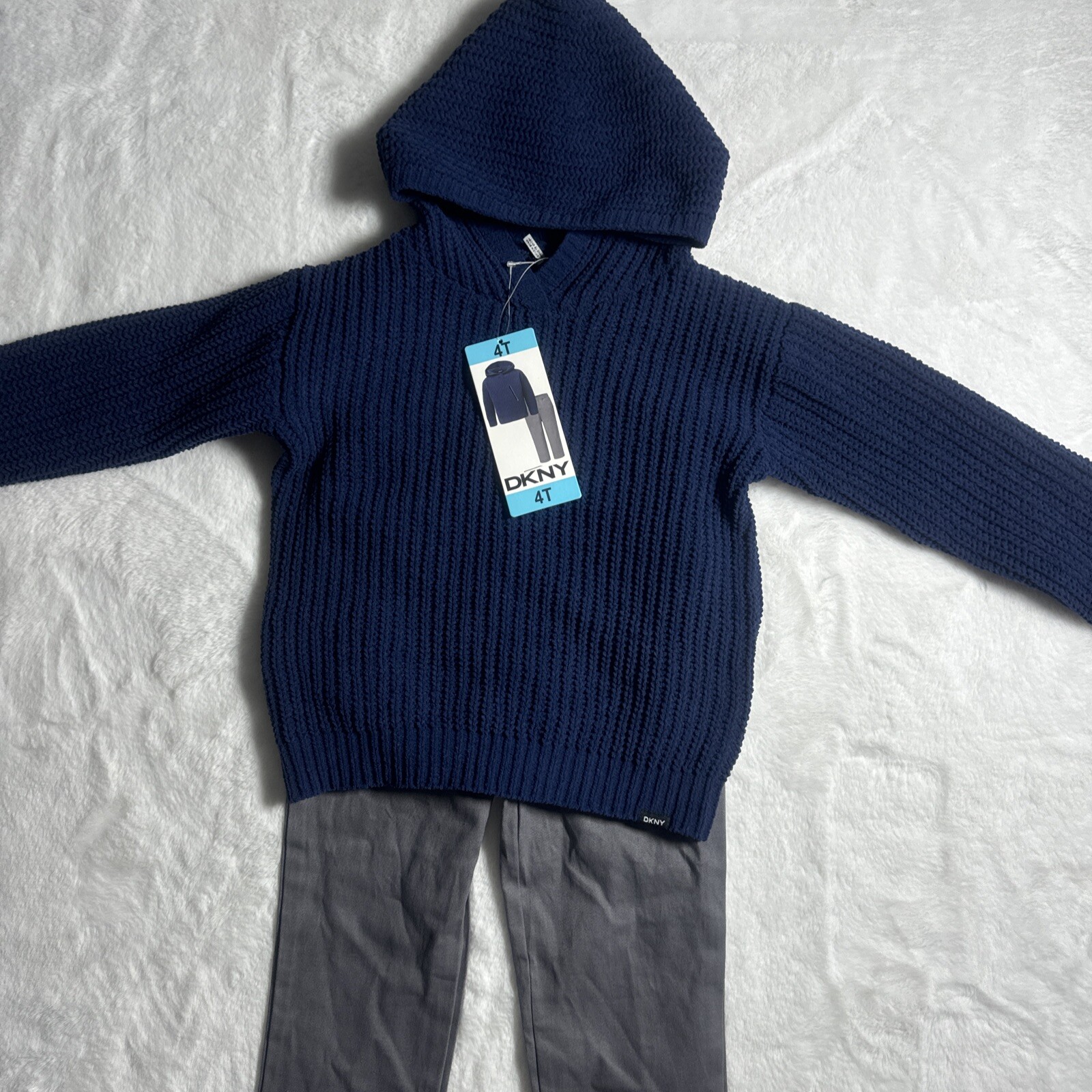 DKNY Boys 2 Piece Hooded Sweater & Pant Set 4T – Blue and Gray