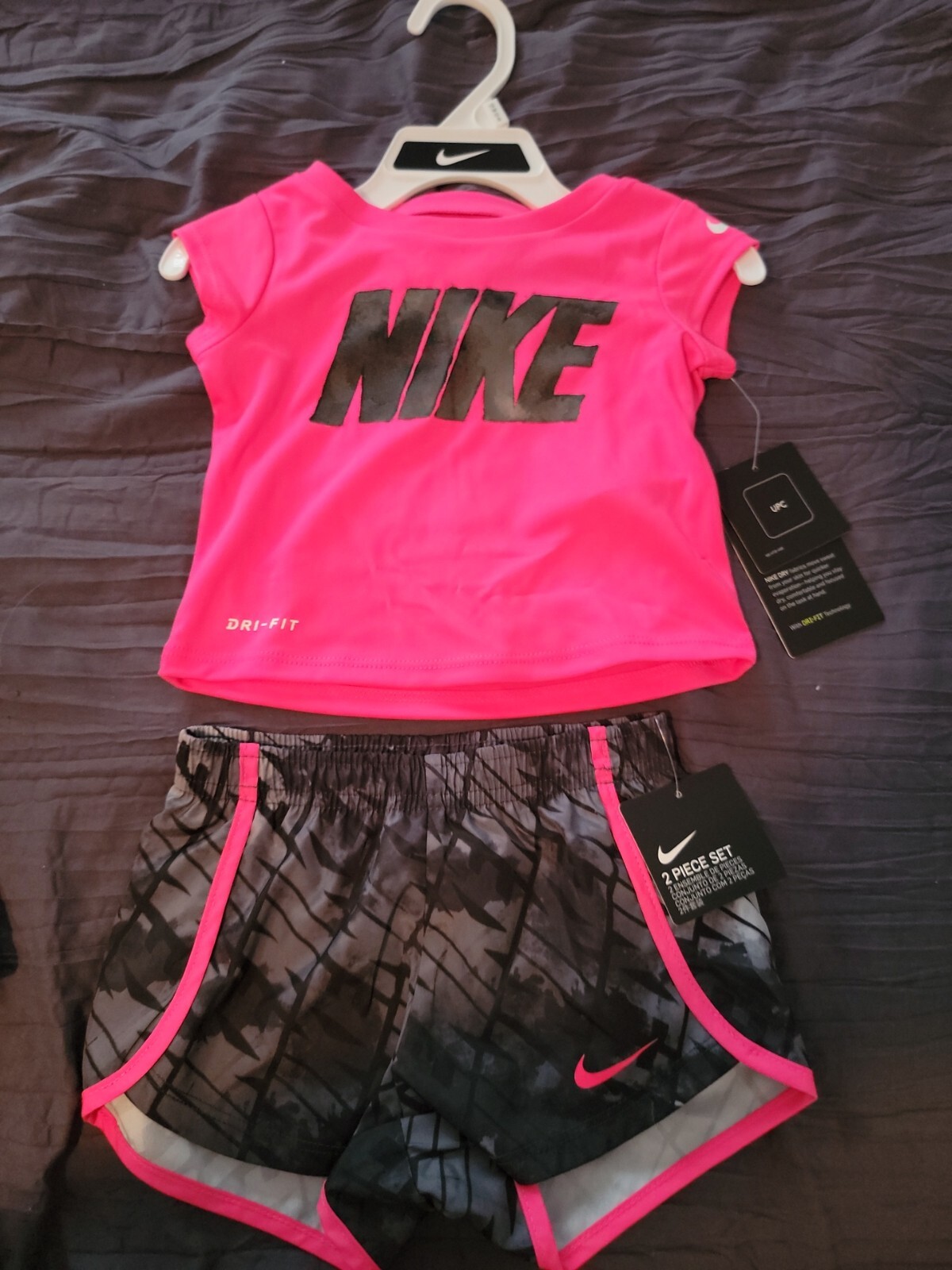 Nike~Baby Girl`Shirt & Shorts Set ~Neon Pink/Gray & Black DRI-FIT~12 months. NWT