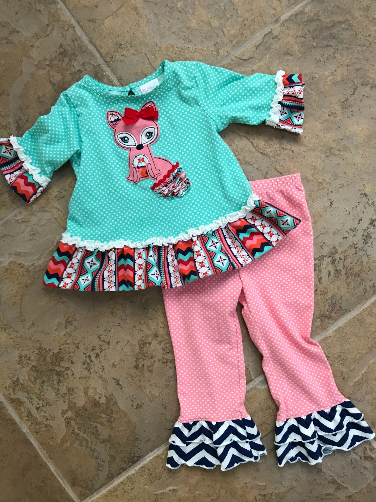 Nursery Rhymes Baby Girl EUC 24 Months Polka Dot Fox Top/Ruffle Pants Set