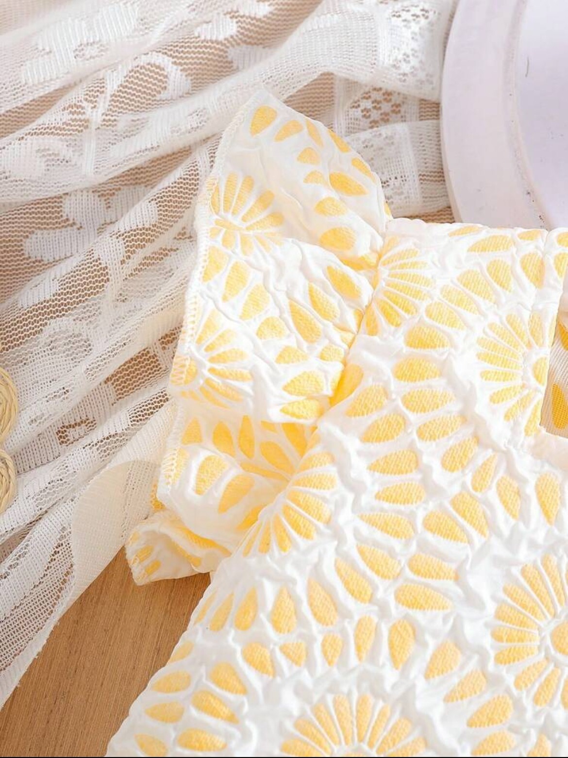 Baby Girl Yellow Flower Pattern Square Neck Flutter Sleeve Top @ Pants Set 2-3Y