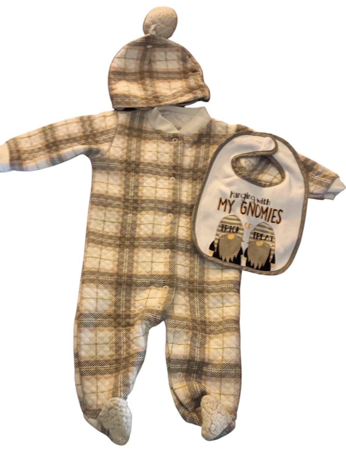 Chick Pea Romper, Hat , And Bib | Boys 6-9 Months | Gray, Brown, White