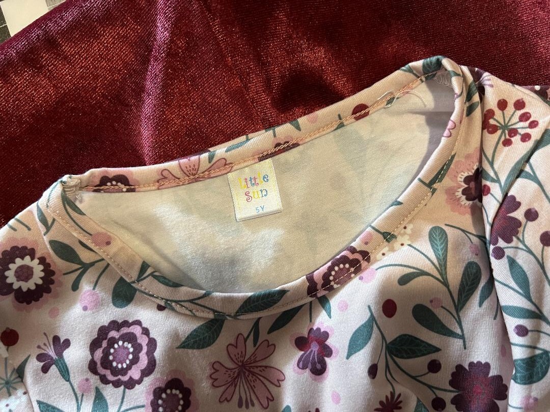 Little Sun Floral Ruffle-Sleeve Peplum Tunic & Velvet Flare Pants – Sz 5Y – New