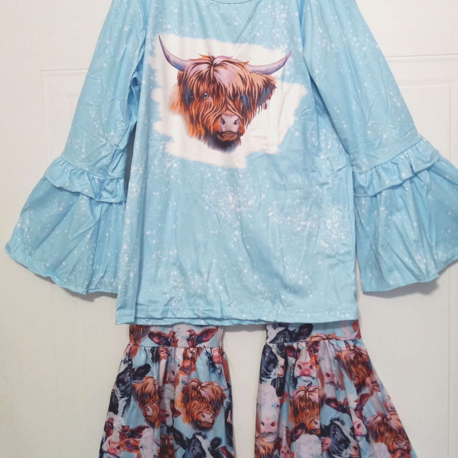 New Boutique Girls 3T Highland Cow Bell Pants Set Outfit Long Sleeve Outfit