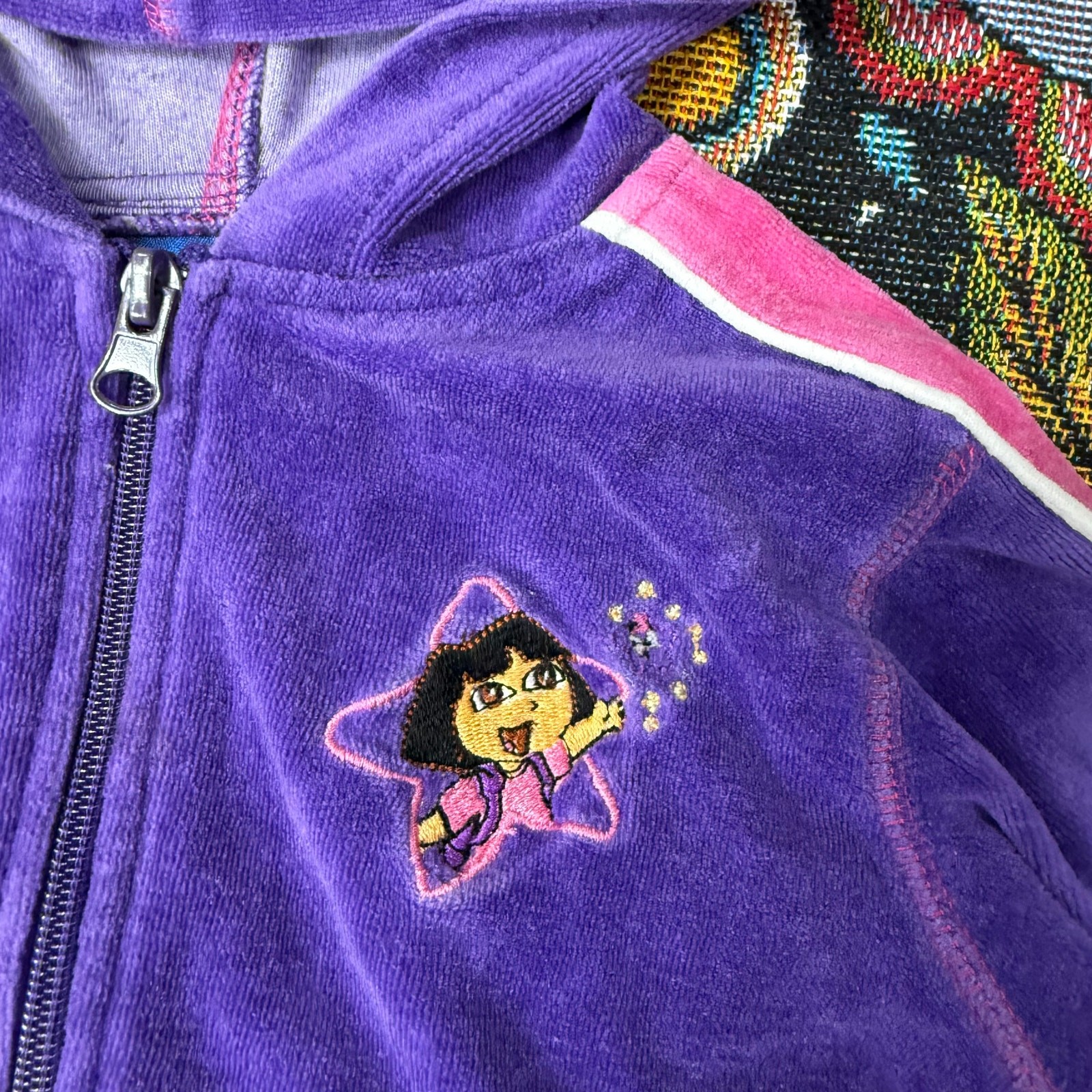 Y2k Nick Jr Dora Explorer Velour Embroidered Tracksuit Full Zip Hoodie Pants 4T