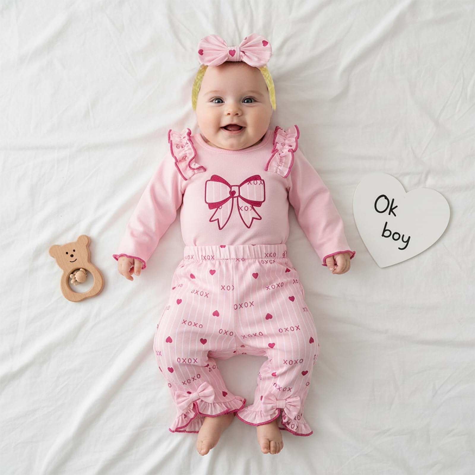 Infant Baby Girls Outfits Long Sleeve Crew Neck Bow Print Romper Elastic Wais…